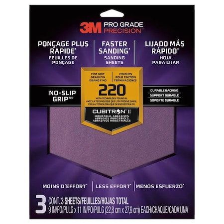 3M 9" x 11" Pro Grade Precision No-Slip Grip Sanding Sheet 220-Grit 3-Pk 26220 Tri-3